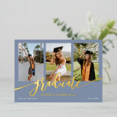 Afstuderen Manuscript 3 Foto's Dusty Blue Afstuder Folie Uitnodiging (Staand Voorkant)