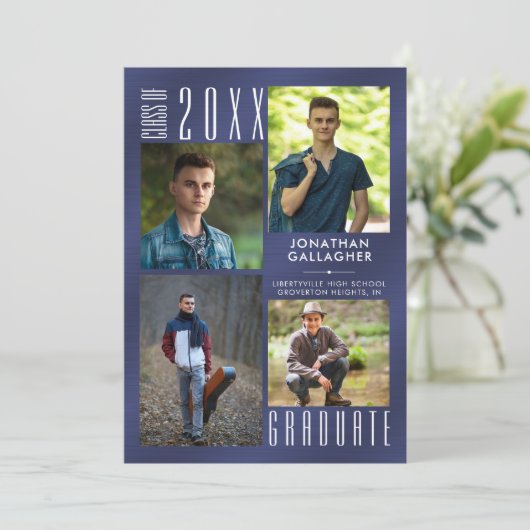 Afstuderen Marine Metaalglans 5 Foto Aankondiging (Staand voorkant)