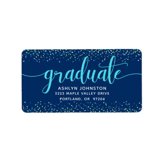 Afstuderen marine modern turquoise script adres etiket (Voorkant)
