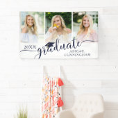 Afstuderen marineblauw Fancy script 3 foto's Spandoek (Insitu)