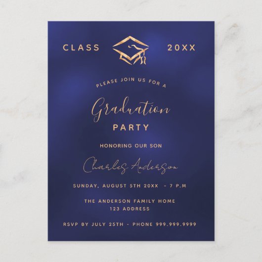 Afstuderen marineblauw goud eenvoudig 2024 uitnodiging briefkaart (Voorkant)