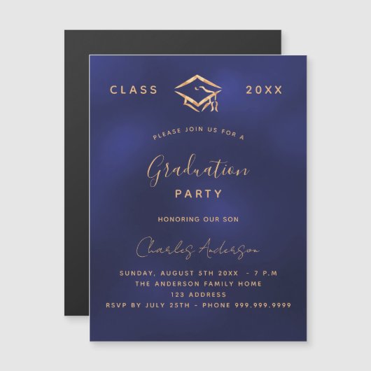Afstuderen marineblauw goud eenvoudige luxe 2023 magnetische uitnodiging (Voorkant / Achterkant)