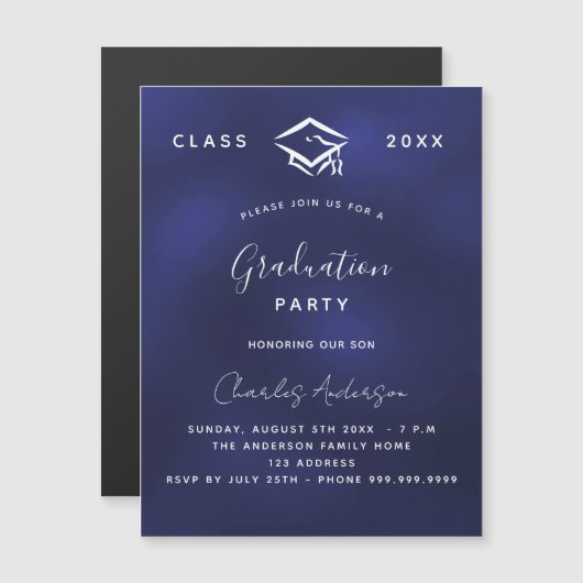 Afstuderen marineblauw - luxe luxe 2023 magnetische uitnodiging (Voorkant / Achterkant)