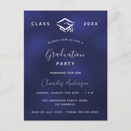 Afstuderen marineblauw wit 2023 uitnodiging briefkaart (Voorkant)