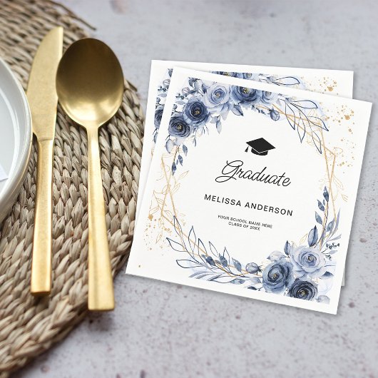 Afstuderen marineblauwe bloemen servet