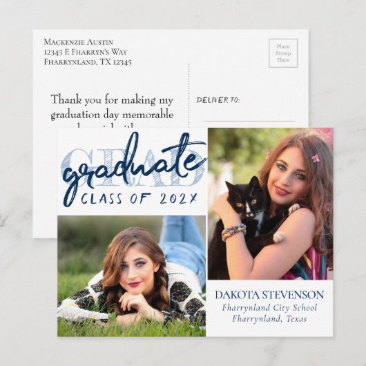 Afstuderen marinescript | Donkerblauw 2 Foto Keeps Briefkaart (Voorkant / Achterkant)