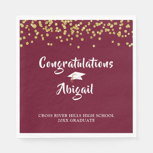 Afstuderen Maroon Gold Glitter Brush Script Servet (Voorkant)