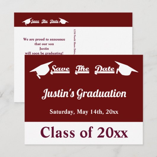 Afstuderen Maroon Save the Date Kaart (Voorkant / Achterkant)