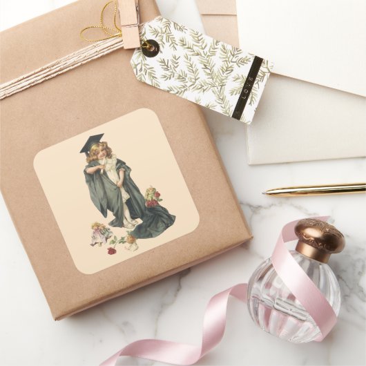 Afstuderen, Meisje Dragen van een Pet en jurk Vierkante Sticker (Geschenken)