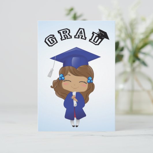 Afstuderen meisje in blauw kaart (Staand voorkant)