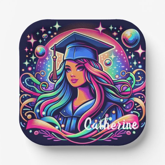 Afstuderen Meisje in Neon Kleuren Custom Papieren Bordje (Voorkant)