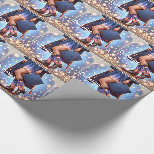 Afstuderen meisje met cowboylaarzen op maat cadeaupapier (Hoek)
