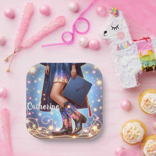 Afstuderen meisje met cowboylaarzen op maat papieren bordje (Feest)