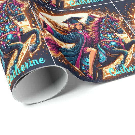 Afstuderen Meisje Op Fancy Paard Custom Cadeaupapier (Rol Hoek)