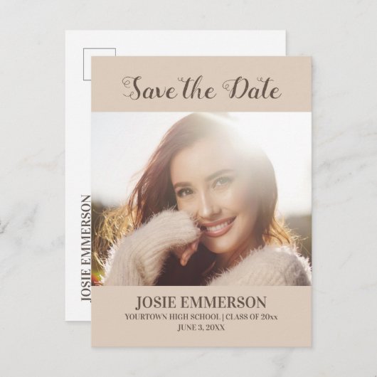 Afstuderen met bruin Tan sparen Datum Foto Aankondigingskaart (Voorkant / Achterkant)