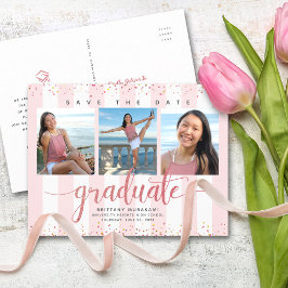 Afstuderen met datumfoto modern roos gouden script uitnodiging briefkaart