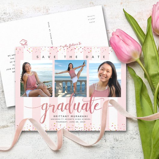 Afstuderen met datumfoto modern roos gouden script uitnodiging briefkaart