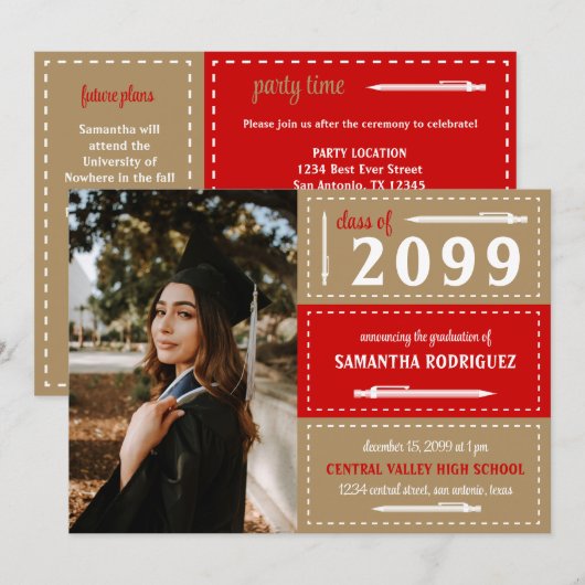 Afstuderen met rode en gouden doosjes en pennen kaart (Voorkant / Achterkant)