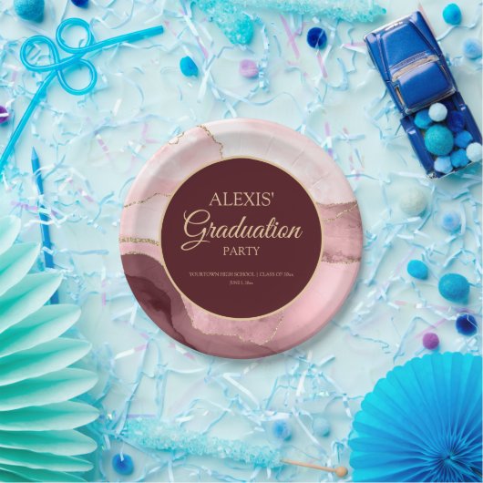 Afstuderen met roze bruine goudmarmer Agate Papieren Bordje (Feest)