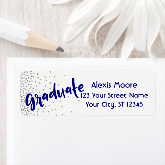 "Afstuderen" met Silver Confetti & Navy Over White Etiket (Insitu)