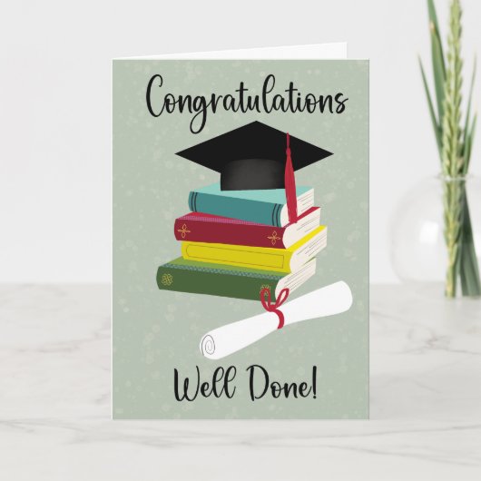 Afstuderen met stapel boeken muts en diploma kaart (Voorkant)