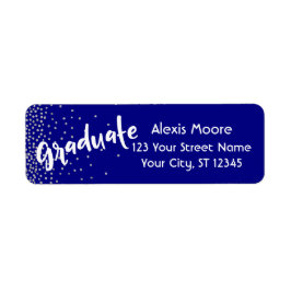 "Afstuderen" met zilveren Confetti over de marine Etiket