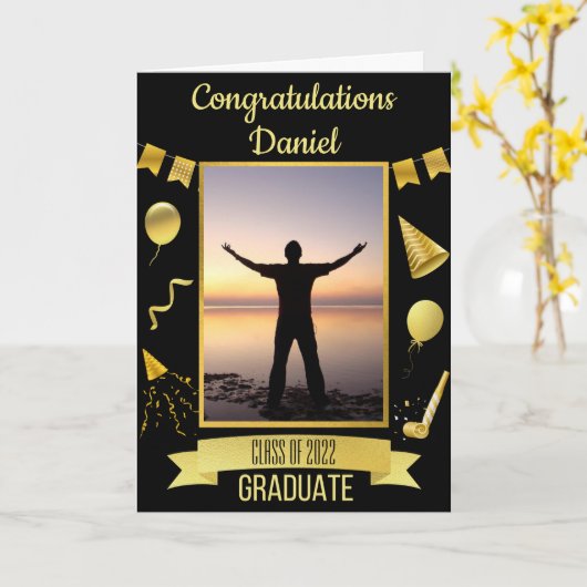 Afstuderen met zwarte en goudgelukwensen kaart (Gele Bloem)