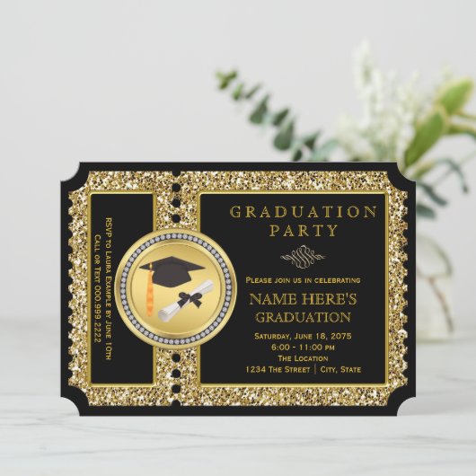 Afstuderen met zwarte en goudglitter kaart (Staand voorkant)