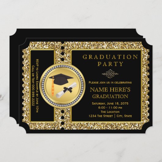 Afstuderen met zwarte en goudglitter kaart (Voorkant / Achterkant)