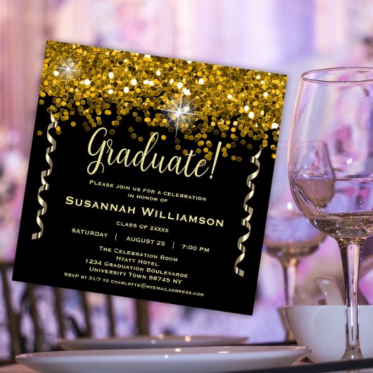 Afstuderen met zwarte en goudglitter kaart