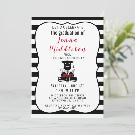 Afstuderen met zwarte en witte streep kaart (Staand voorkant)