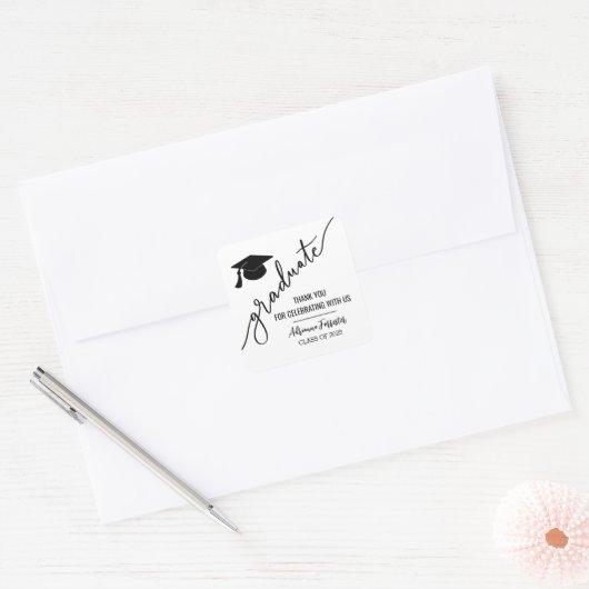 Afstuderen minimaal script | Afstudeerder Pet Dank Vierkante Sticker (Envelop)