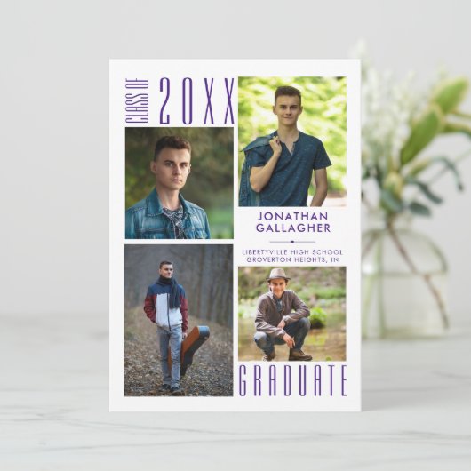 Afstuderen Modern 4 Fotocollage Paarse Aankondiging (Staand voorkant)