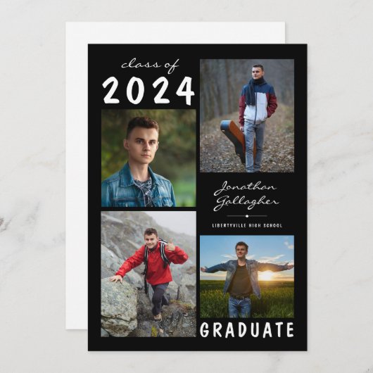 Afstuderen Modern 5 Foto Script Black White Aankondiging (Voorkant / Achterkant)