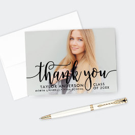 Afstuderen Modern Black Script Foto Bedankkaart