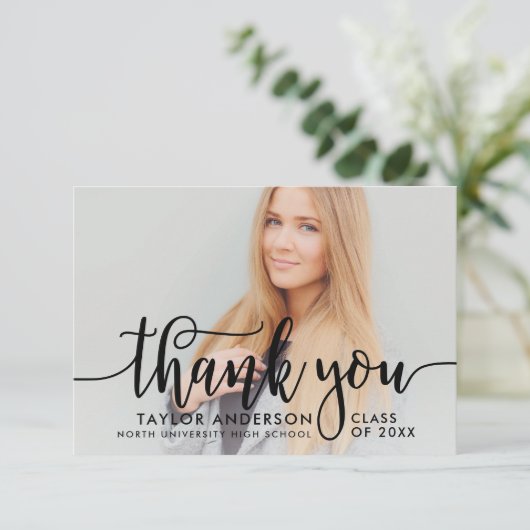 Afstuderen Modern Black Script Foto Bedankkaart (Staand voorkant)