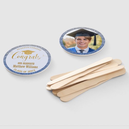 Afstuderen Modern blauw en goud Afstuderen foto Handwaaier (Niet-gemonteerd)