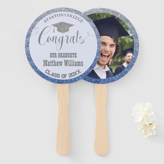 Afstuderen Modern Blauw en Zilver Afstuderen Foto Handwaaier (Voorkant en achterkant)