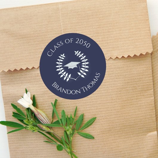 Afstuderen Modern Classic Laurel Navy Blue Ronde Sticker