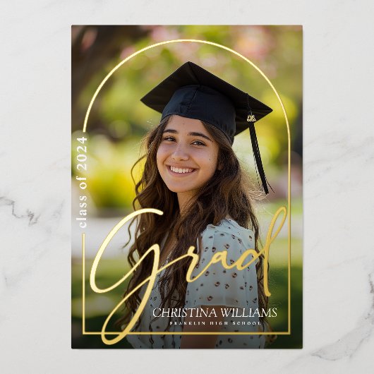 Afstuderen Modern Eenvoudig Elegant Foto Afstudere Folie Uitnodiging (Voorkant)