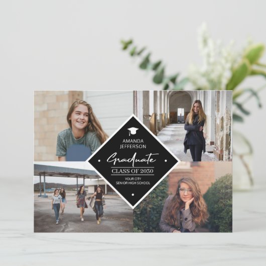 Afstuderen modern elegant script 4 foto collage a aankondiging (Staand voorkant)