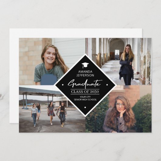 Afstuderen modern elegant script 4 foto collage a aankondiging (Voorkant / Achterkant)