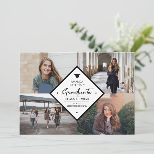 Afstuderen modern elegant script 4 foto collage a aankondiging (Staand voorkant)