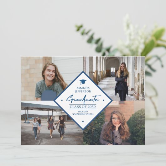 Afstuderen modern elegant script 4 fotocollage aankondiging (Staand voorkant)