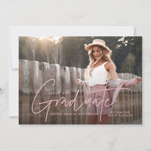 Afstuderen modern fotoscript elegant roze girly kaart (Voorkant)