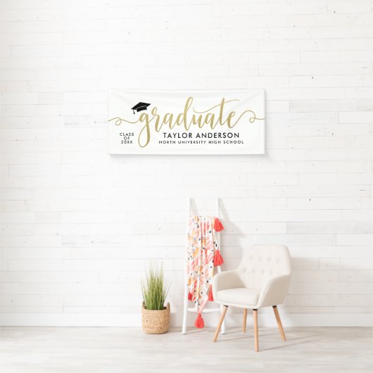 Afstuderen modern Gold Script White Afstuderen Spandoek (Insitu)