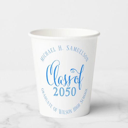 Afstuderen Modern minimalistisch script Azure Blue Papieren Bekers (Achterkant)