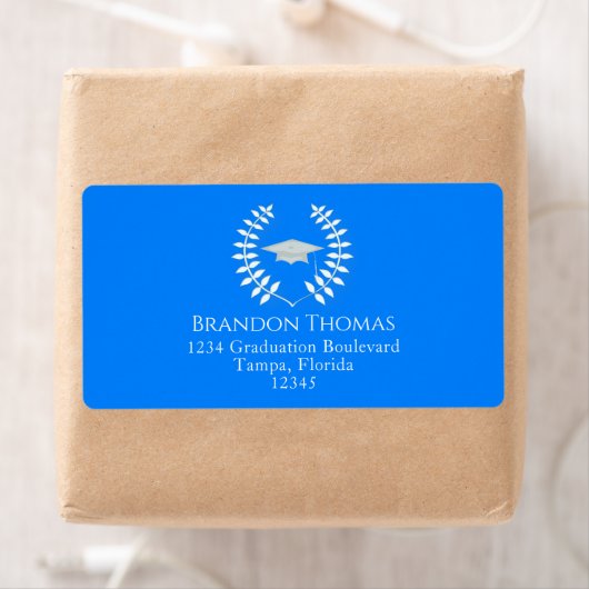 Afstuderen Modern Mortarboard Classic Azure Blue Etiket (Insitu)