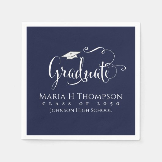 Afstuderen Modern Mortarboard Script Navy Blue Servet (Voorkant)
