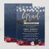 Afstuderen Modern Navy Blue Bourgogne Red Floral Kaart (Voorkant / Achterkant)